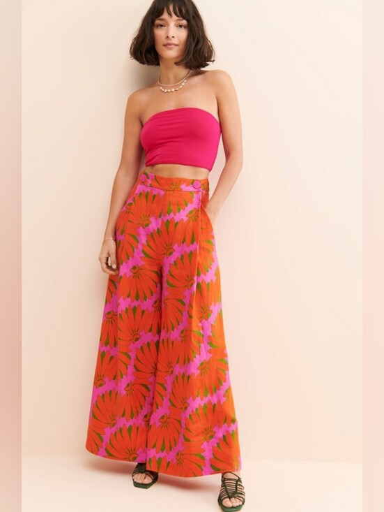 FARM Rio Pants - FARM Rio Pink Wide-Leg Linen Floral Trousers with Orange Blooms M